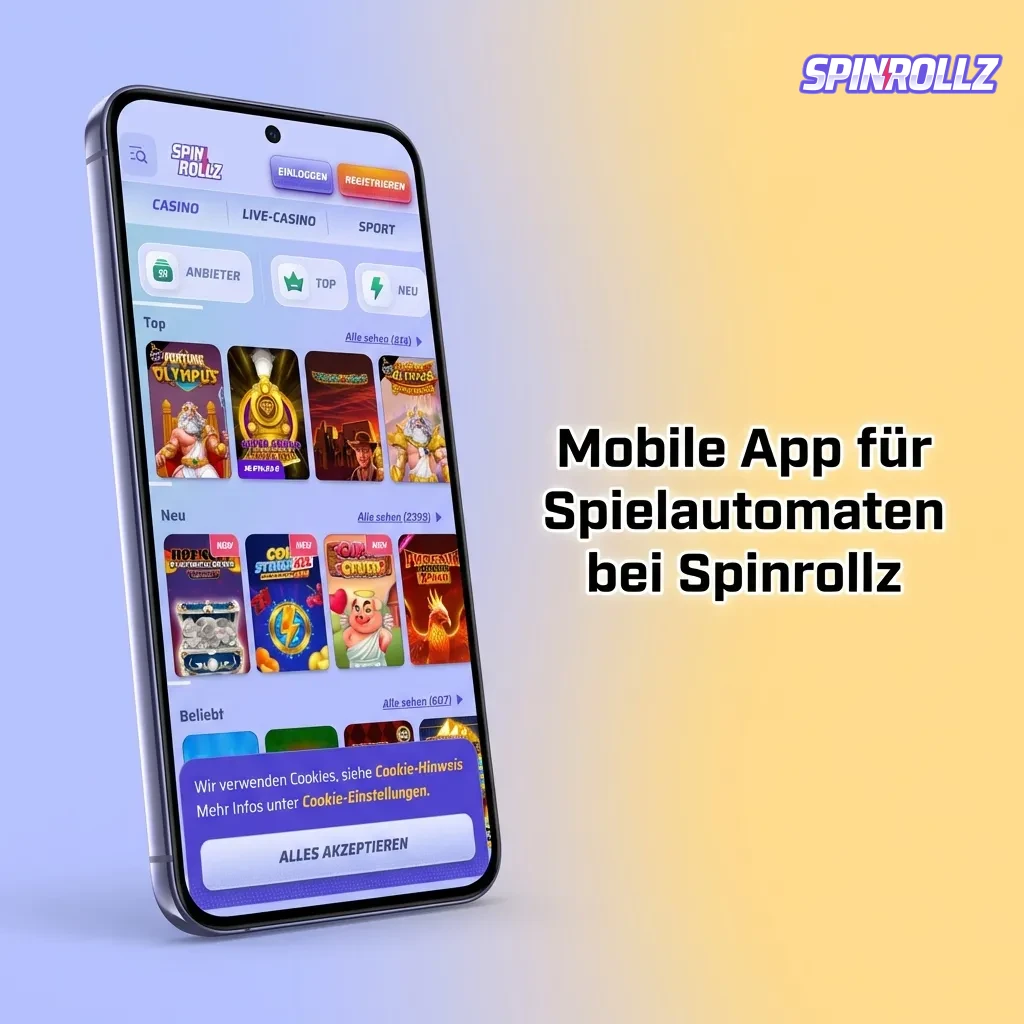 Spinrollz mobile app interface showing slot machine games with menu navigation and touch controls for gameplay
