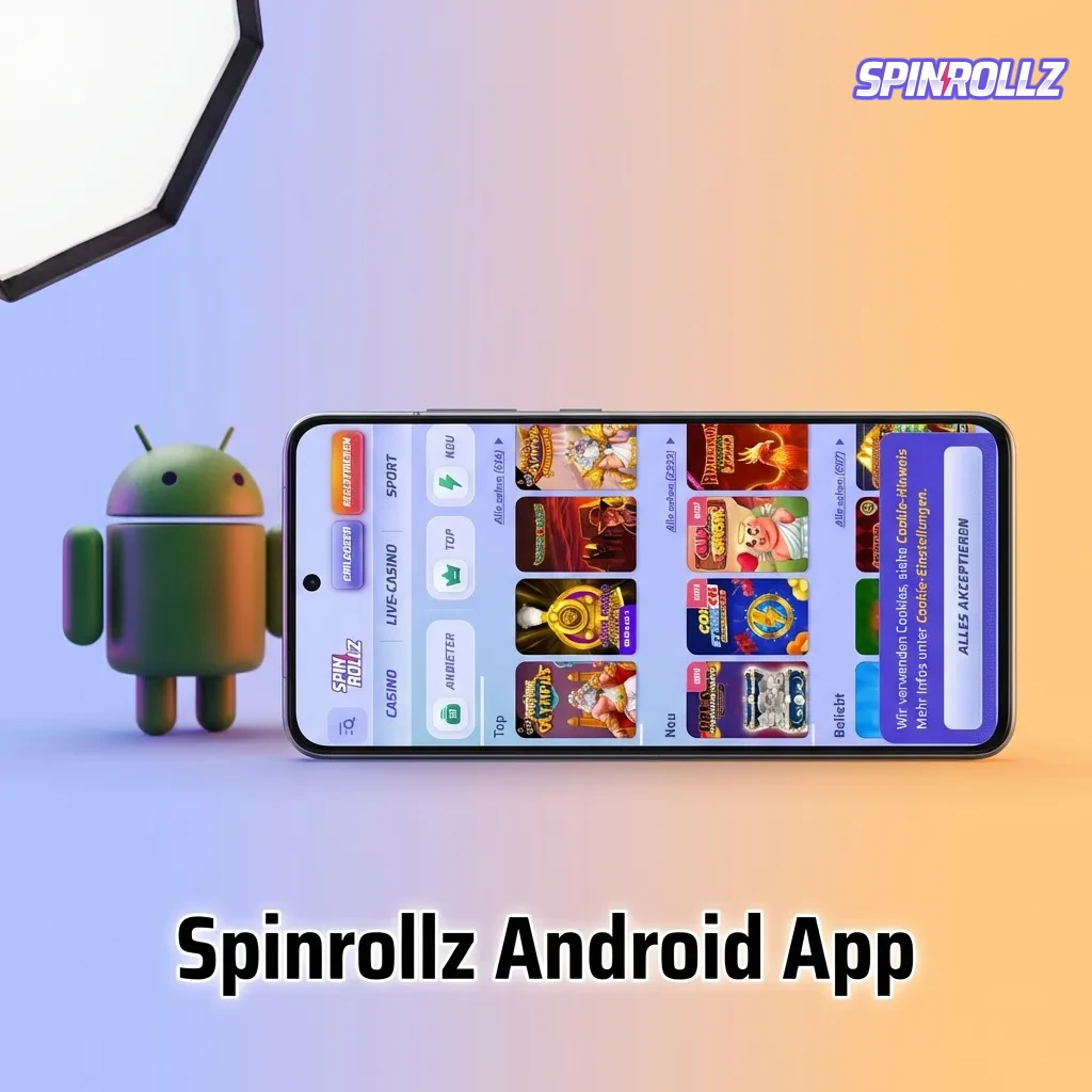 Spinrollz Android app interface showing mobile betting and casino games on smartphone screen