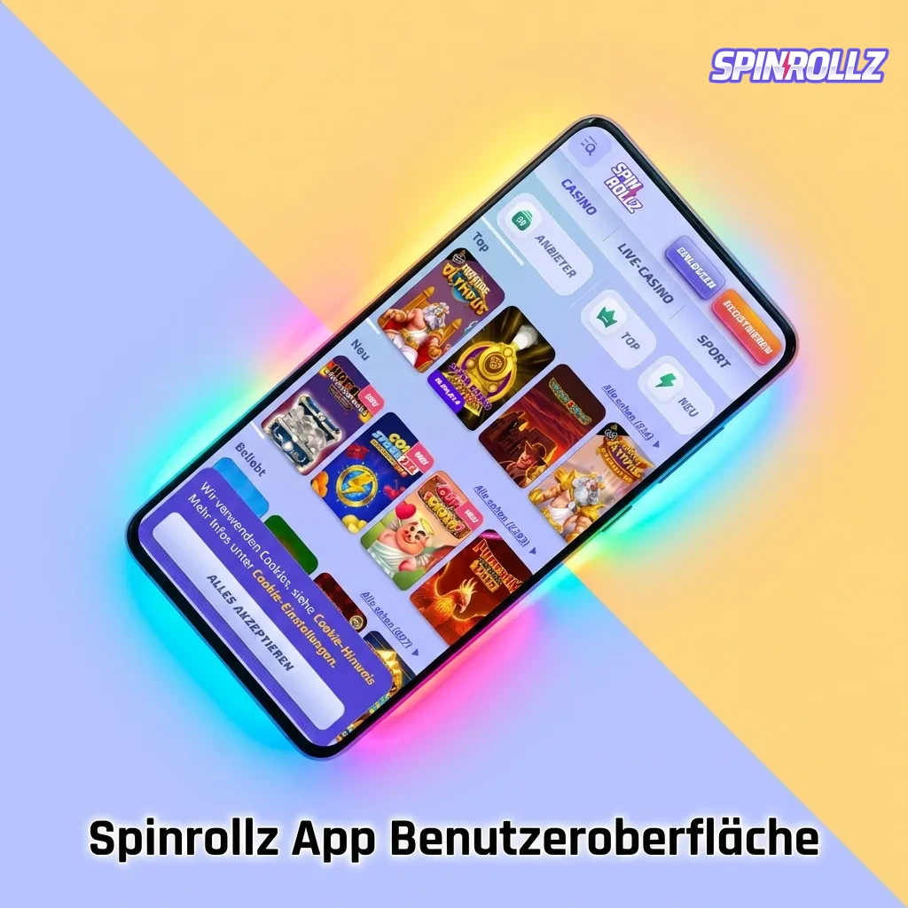 Spinrollz App zeigt mobile Benutzeroberfläche mit Casino-Spielen, Sportwetten und Menü für Einzahlungen und Auszahlungen