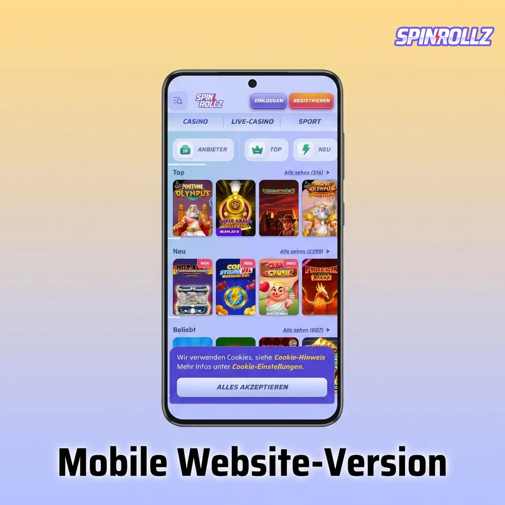 Mobile website interface optimized for smartphones and tablets, showing betting and casino features without download