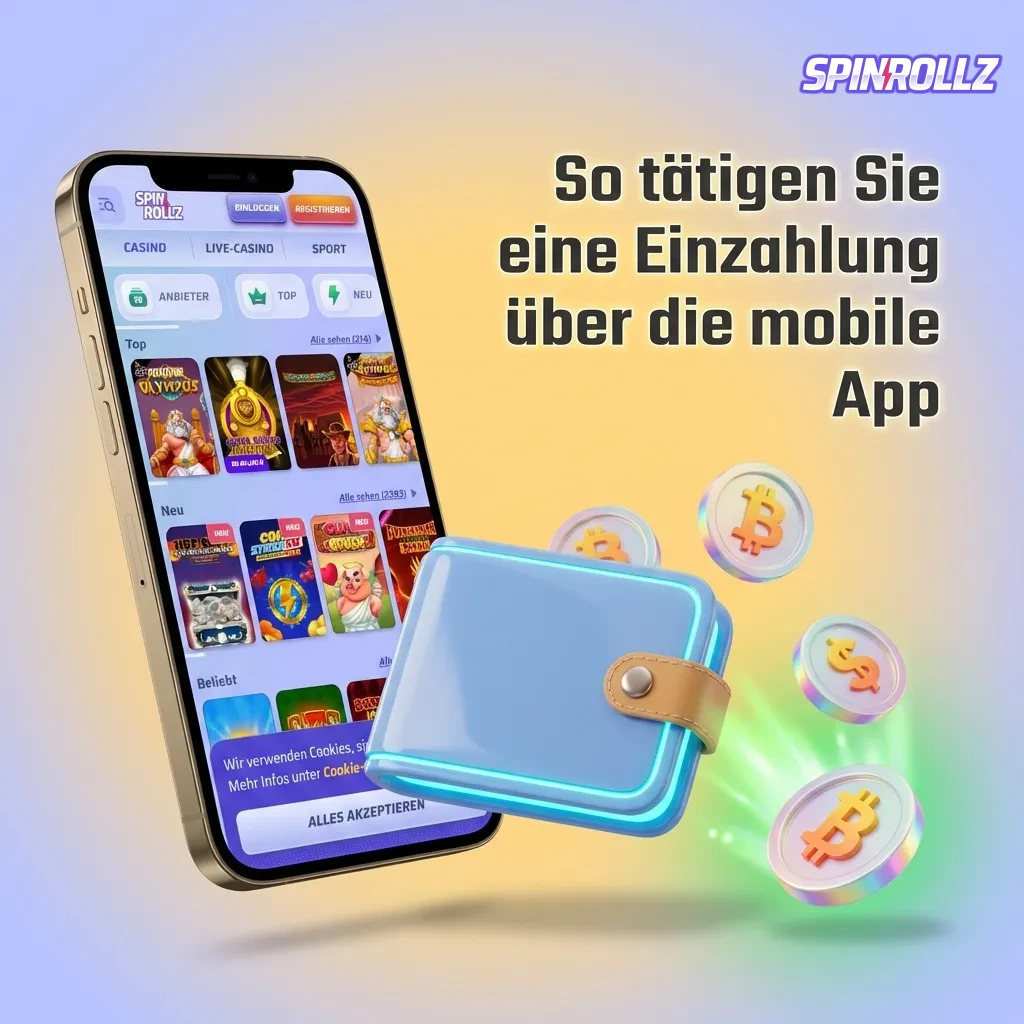 Spinrollz mobile app deposit process showing cashier icon, payment method selection, and amount entry screen