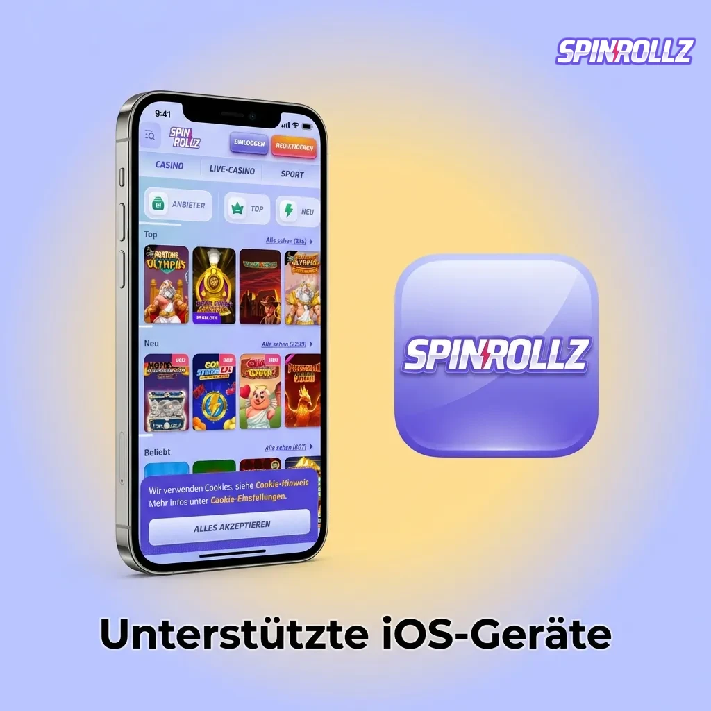 Liste kompatibler Apple-Geräte für Spinrollz Web-App, einschließlich iPhone-Modelle 8 bis 14 und iPad-Varianten