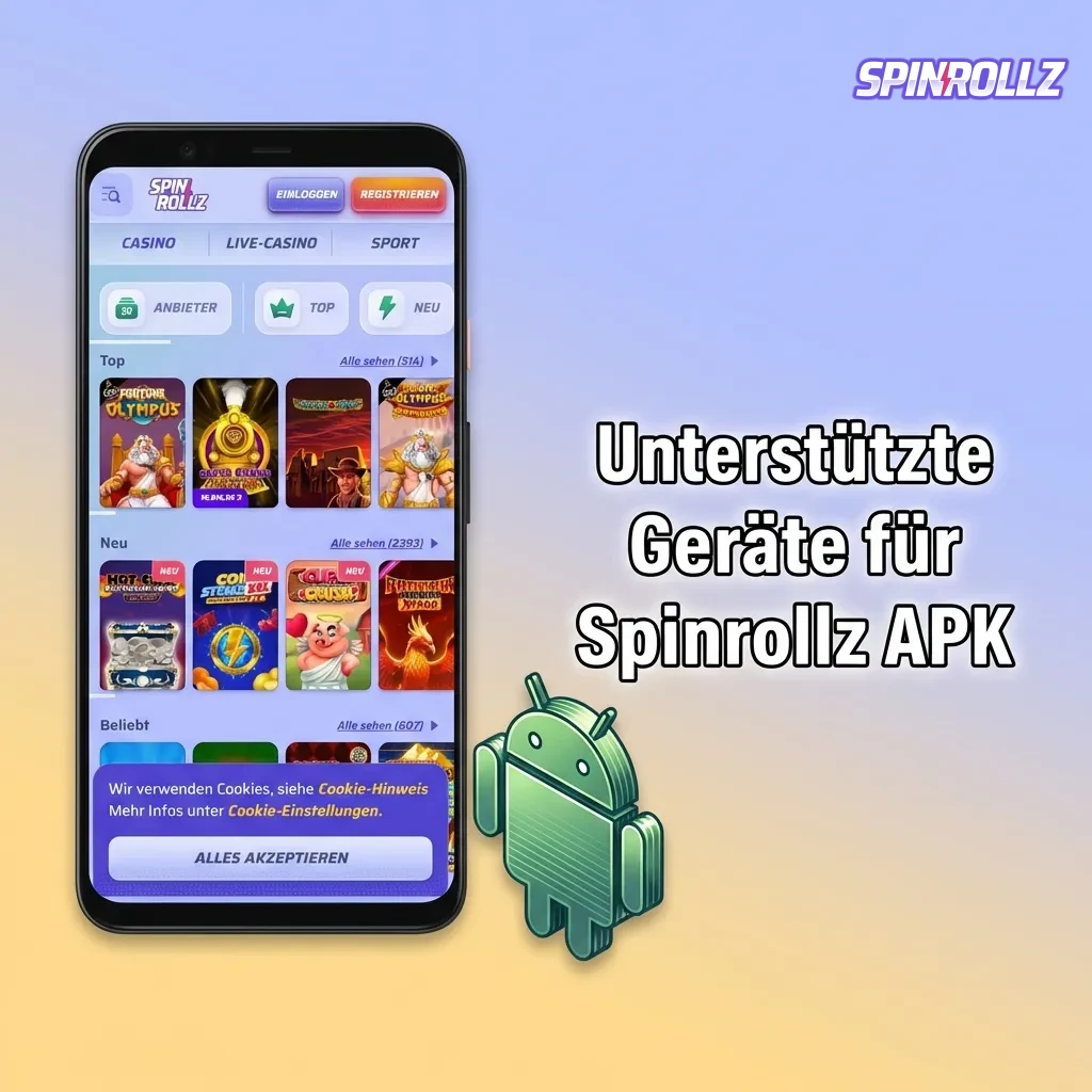 Spinrollz APK compatibility table showing supported Android devices from Samsung, Sony, Huawei, OnePlus, Oppo, Google, Xiaomi, and Poco