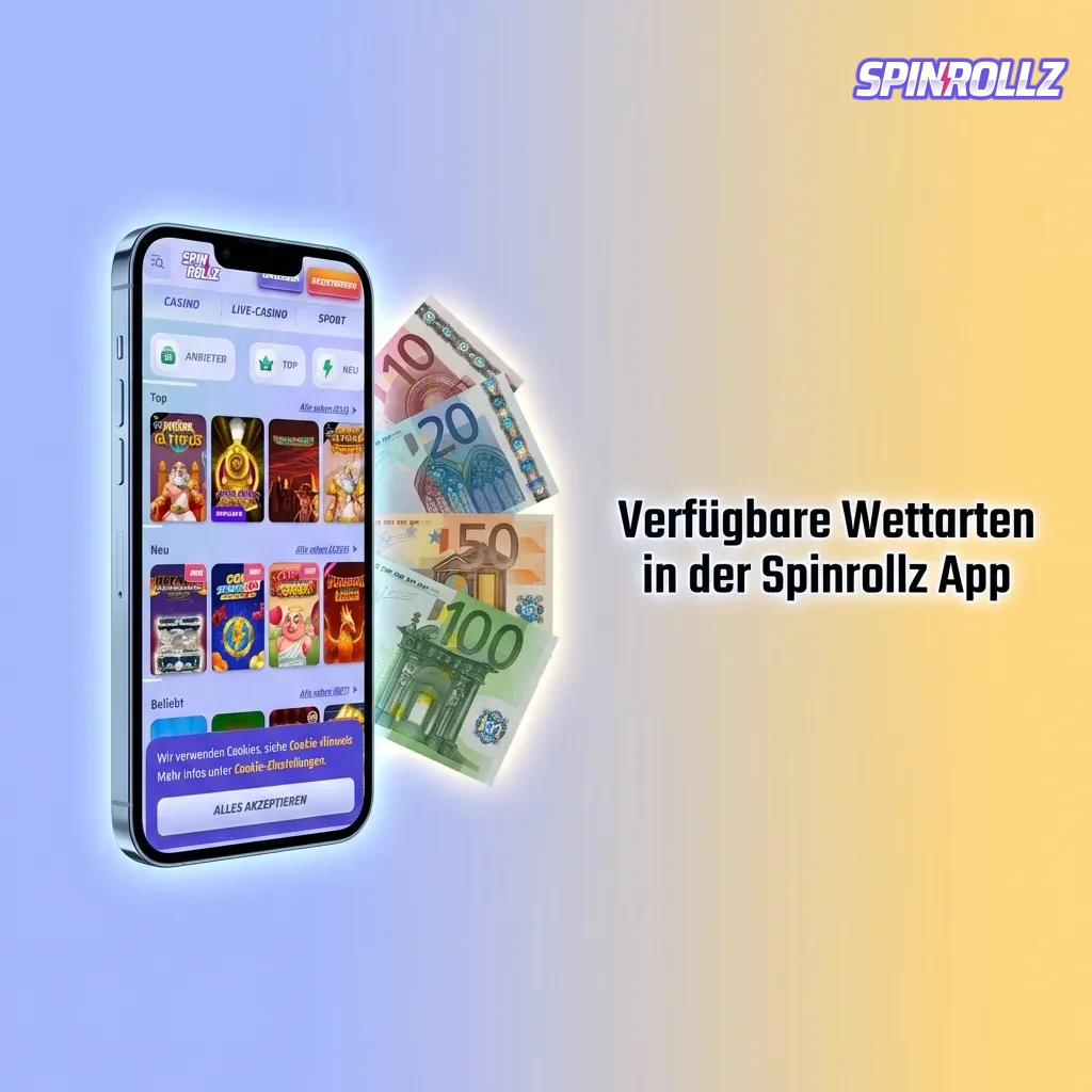Übersicht der Wettarten in der Spinrollz App: Einzelwette, Kombiwette, Systemwette, Live-Wette und Handicap-Wette