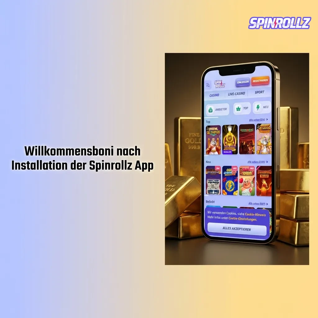 Spinrollz App welcome bonuses: 100% up to €500 casino bonus, 200 free spins, and sports betting offers displayed on screen